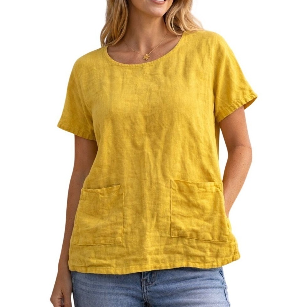 Francesca Bettini Linen Top L Yellow Made in Italy Lagenlook Boho Coastal Summer
